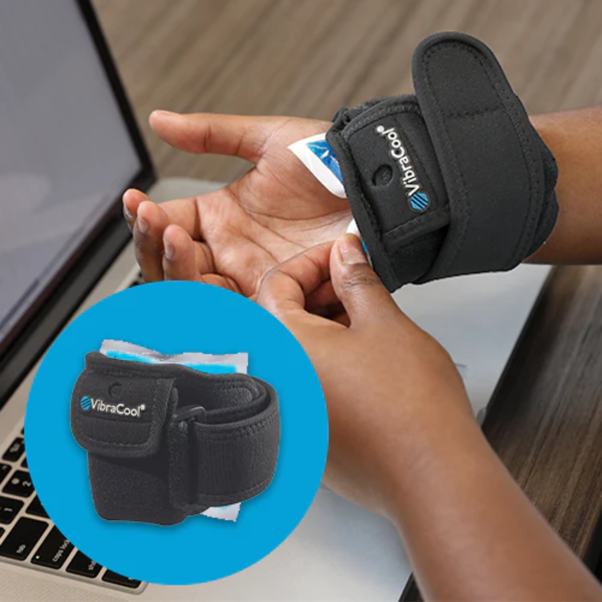 Person wearing a VibraCool Easy FIt wristband with a close-up inset of the product.