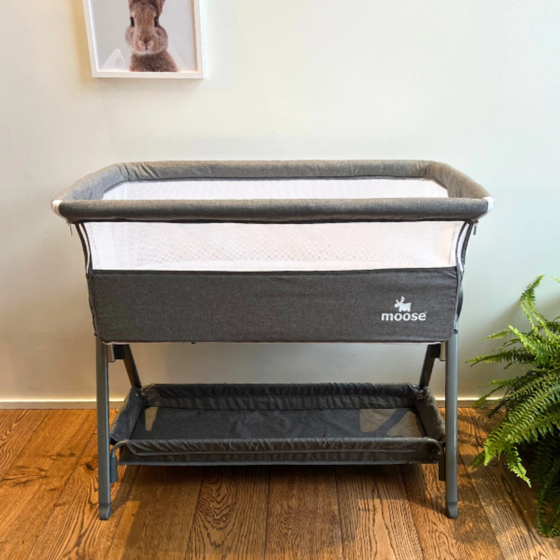 Grey and white Eden Co-Sleeper Crib with mesh sides, wheeled frame and lower storage basket.