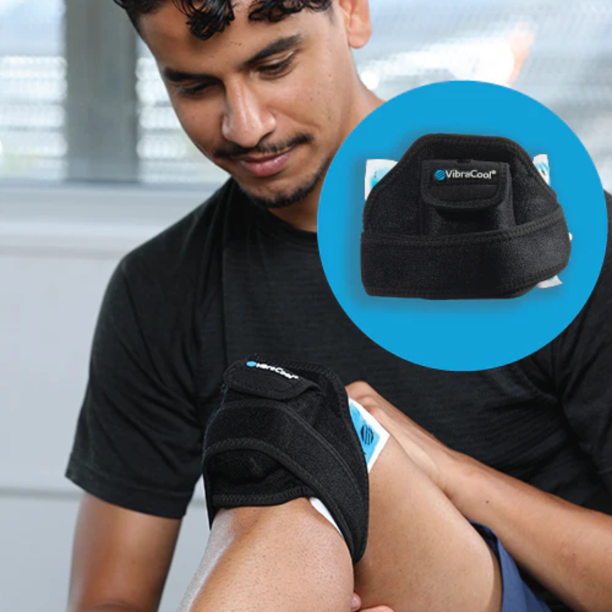 A man wearing a black VibraCool knee support sleeve while having his knee examined, with a blue circular inset showing the knee sleeve packaged.