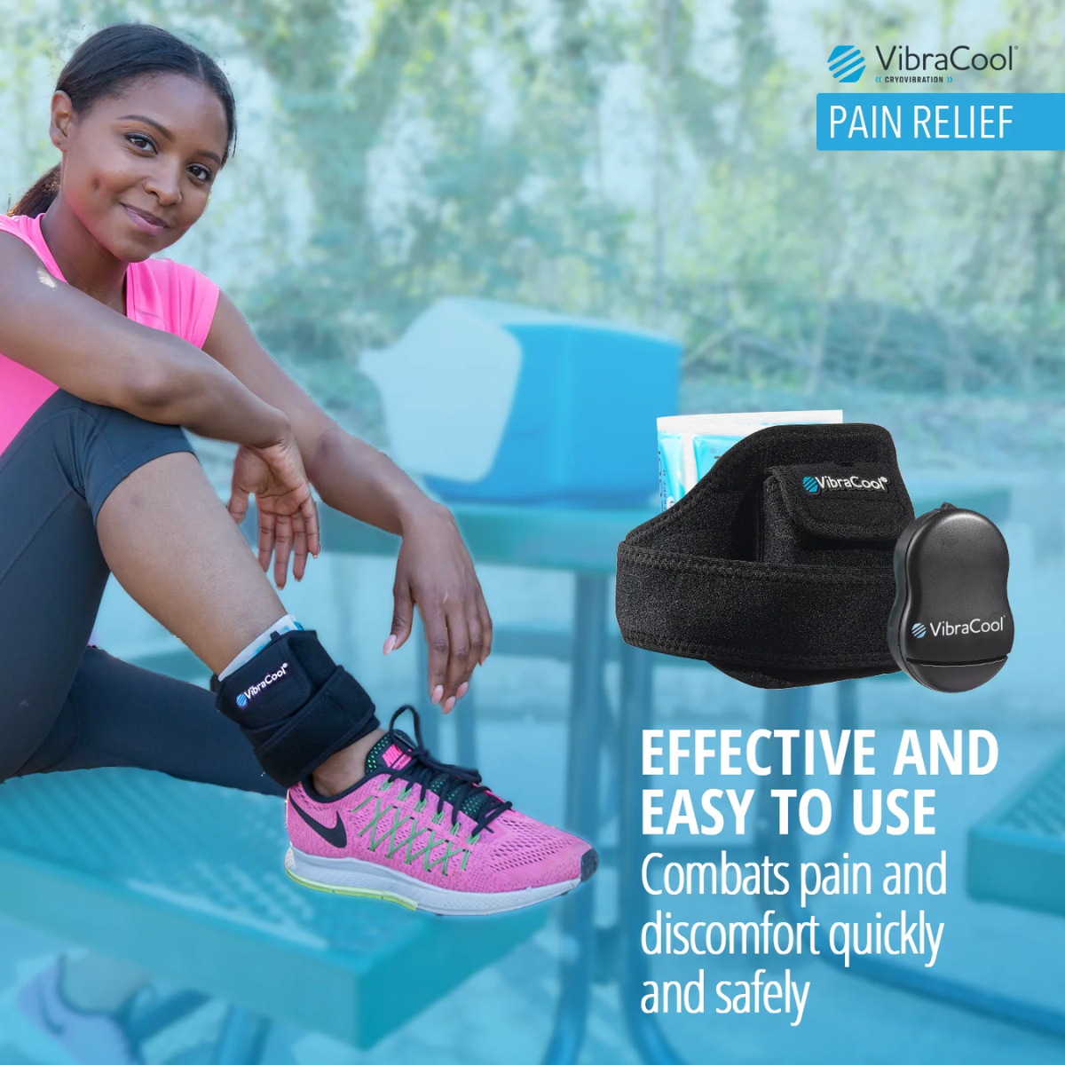 Woman sitting outdoors with VibraCool pain relief device on her right ankles, surrounded by greenery.