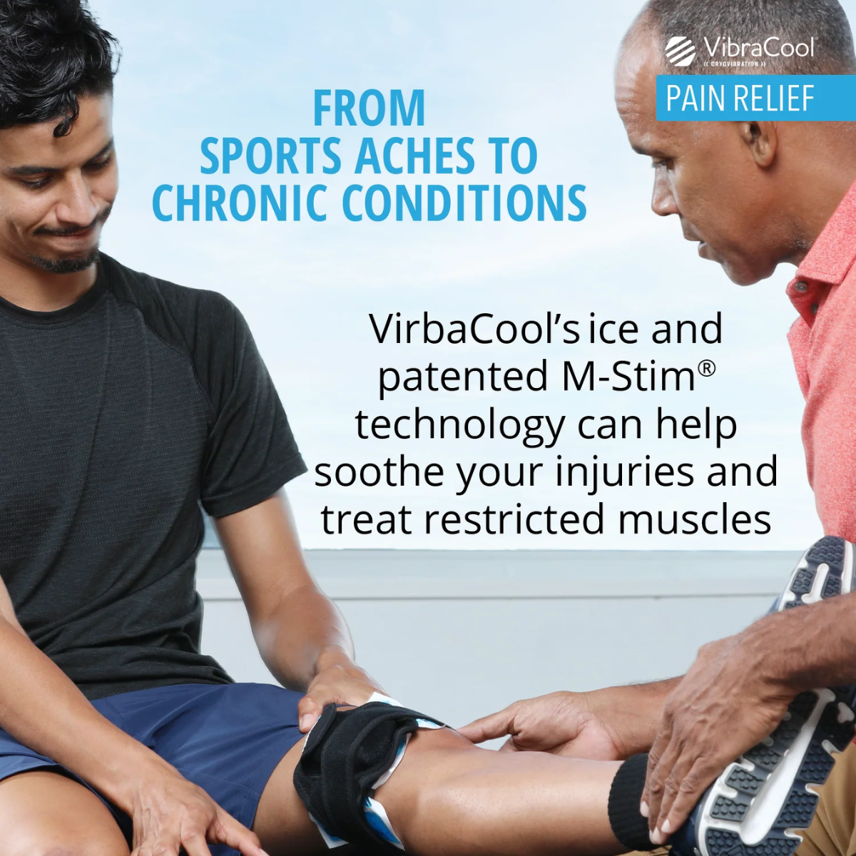 Promotional graphic for VirbaCool showing two men, one applying the VibraCool extended to another man's leg. The text reads 'FROM SPORTS ACHES TO CHRONIC CONDITIONS' and 'VirbaCool's ice and patented M-Stim technology can help soothe your injuries and treat restricted muscles'.