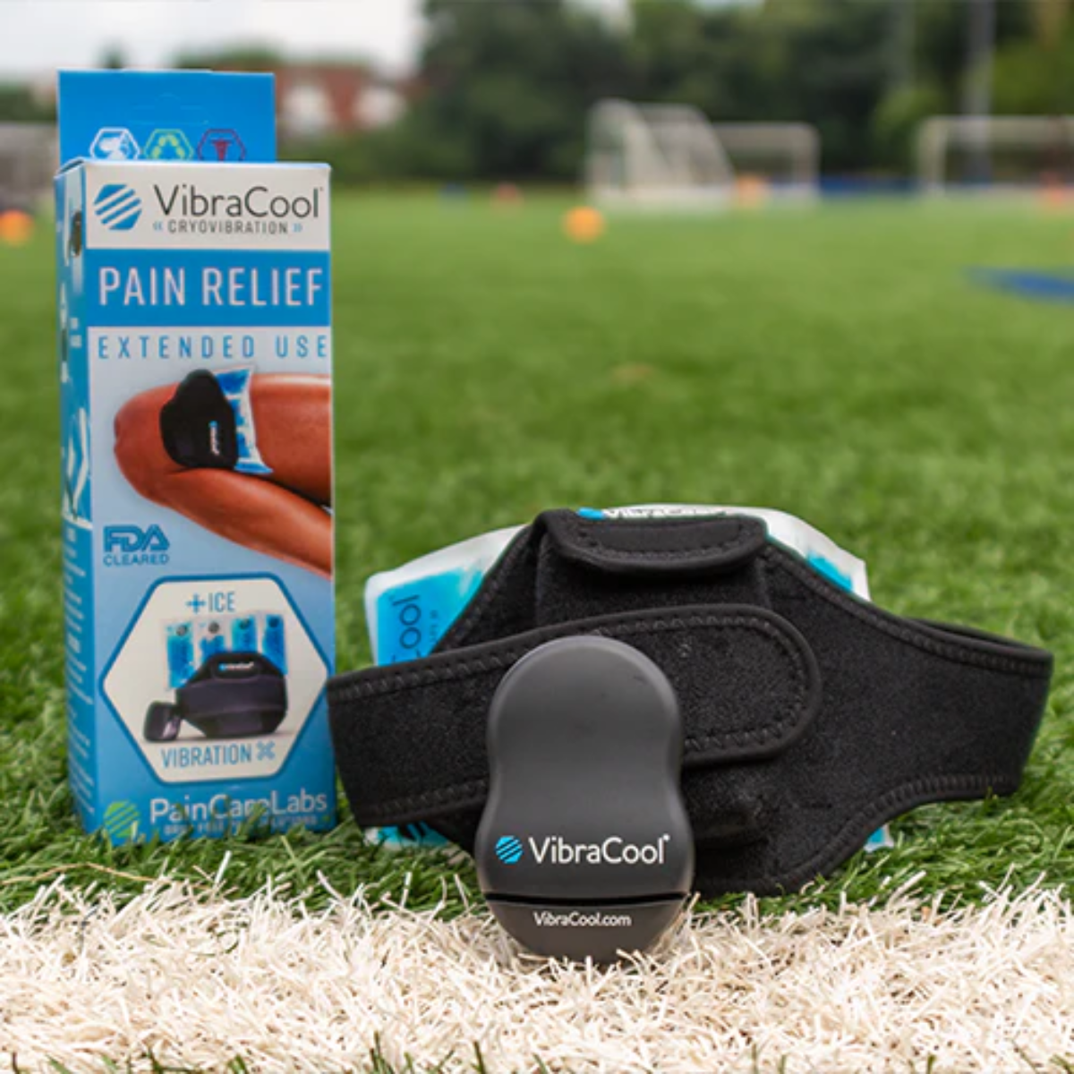 VibraCool pain relief device and packaging on grass