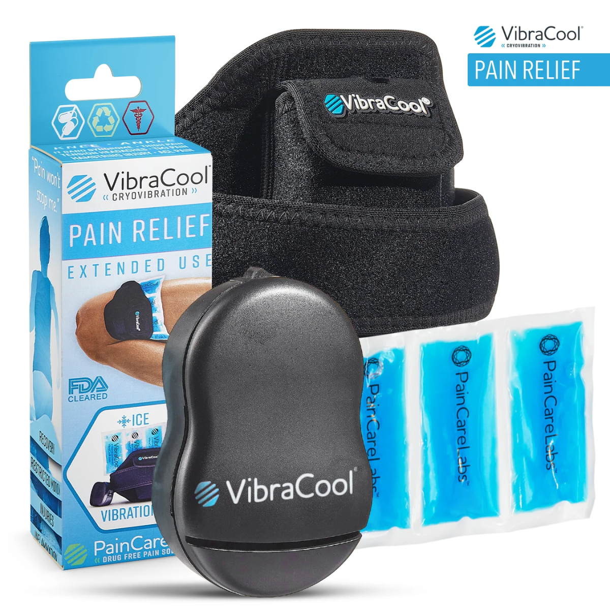 VibraCool pain relief device with packaging and ice packs on a white background