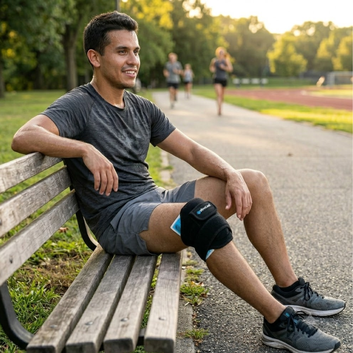 A man sitting on a park bench wearing a VibraCool Extended in his knee on his right leg, in an outdoor jogging track setting at sunset.
