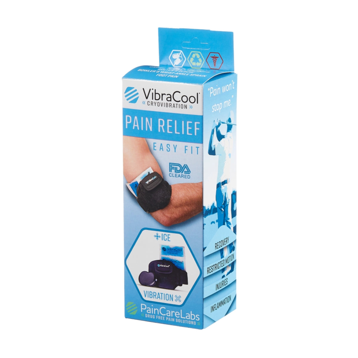 VibraCool Cryovibration Pain Relief Easy Fit wrist wrap packaging, featuring a blue and white box with a photo of a person wearing the black wrist wrap.