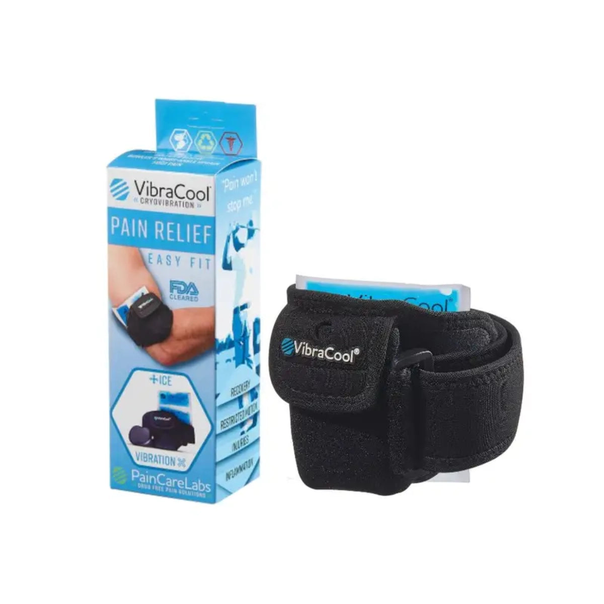 VibraCool Pain Relief wrap shown next to its blue retail packaging box on a white background.
