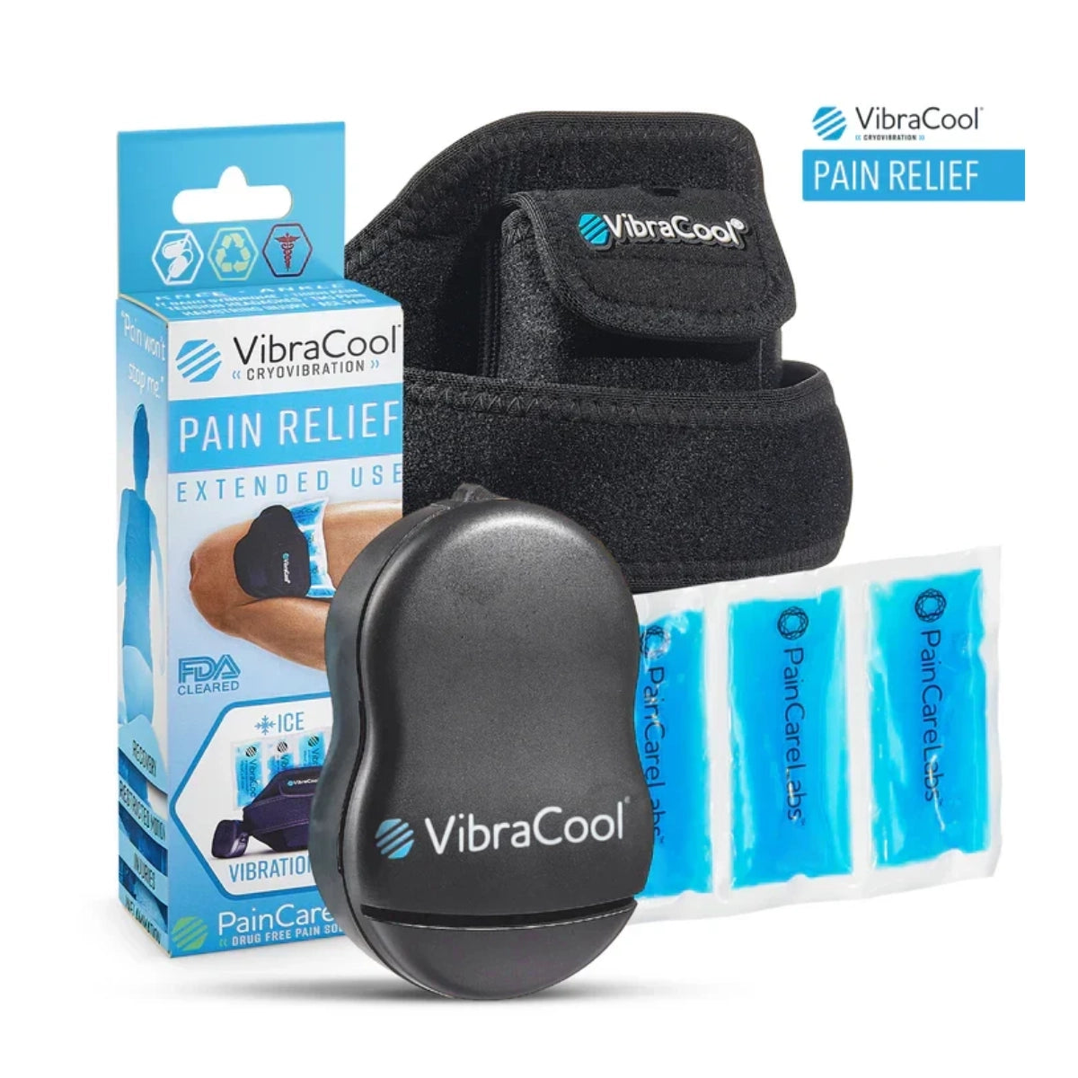 VibraCool Extended pain relief set with a black oval vibration device, blue ice packs, and the retail box on a white background.