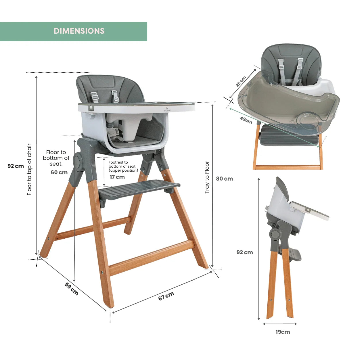 MOOSE Frankie Foldable High Chair dimension diagram showing assembled, booster seat and folded configurations.