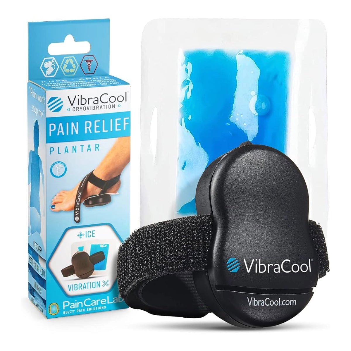 VibraCool Plantar Pain Relief Cryovibration plantar wrist/ankle cooling device shown with its retail box and a blue gel pack on a white background.