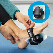 Person using a VibraCool Plantar device on their foot with a close-up of the device in the corner.