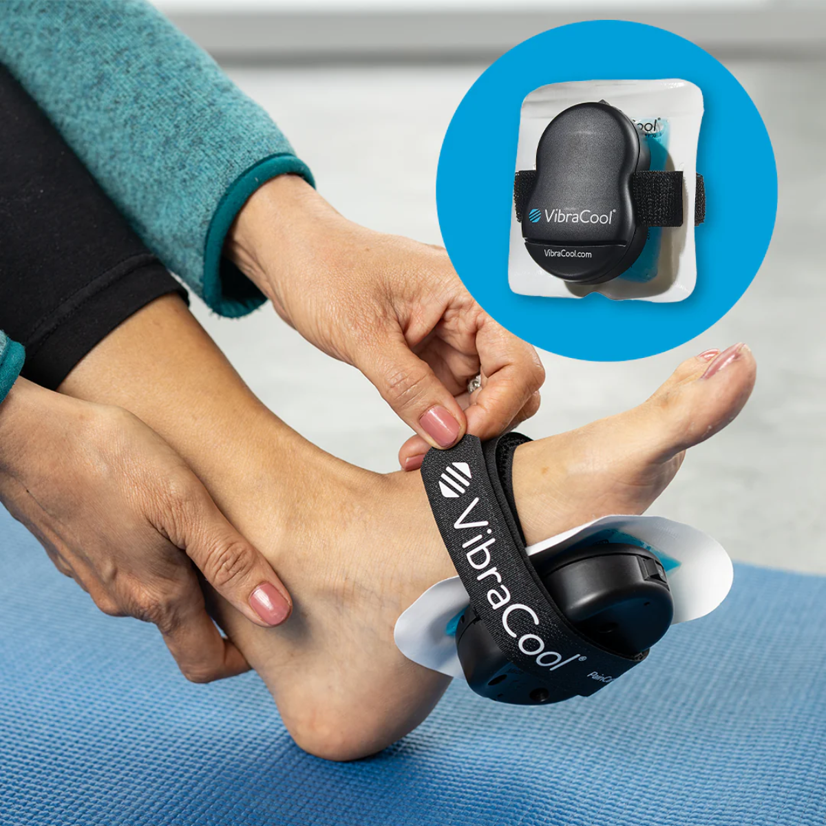 Person using a VibraCool Plantar device on their foot with a close-up of the device in the corner.