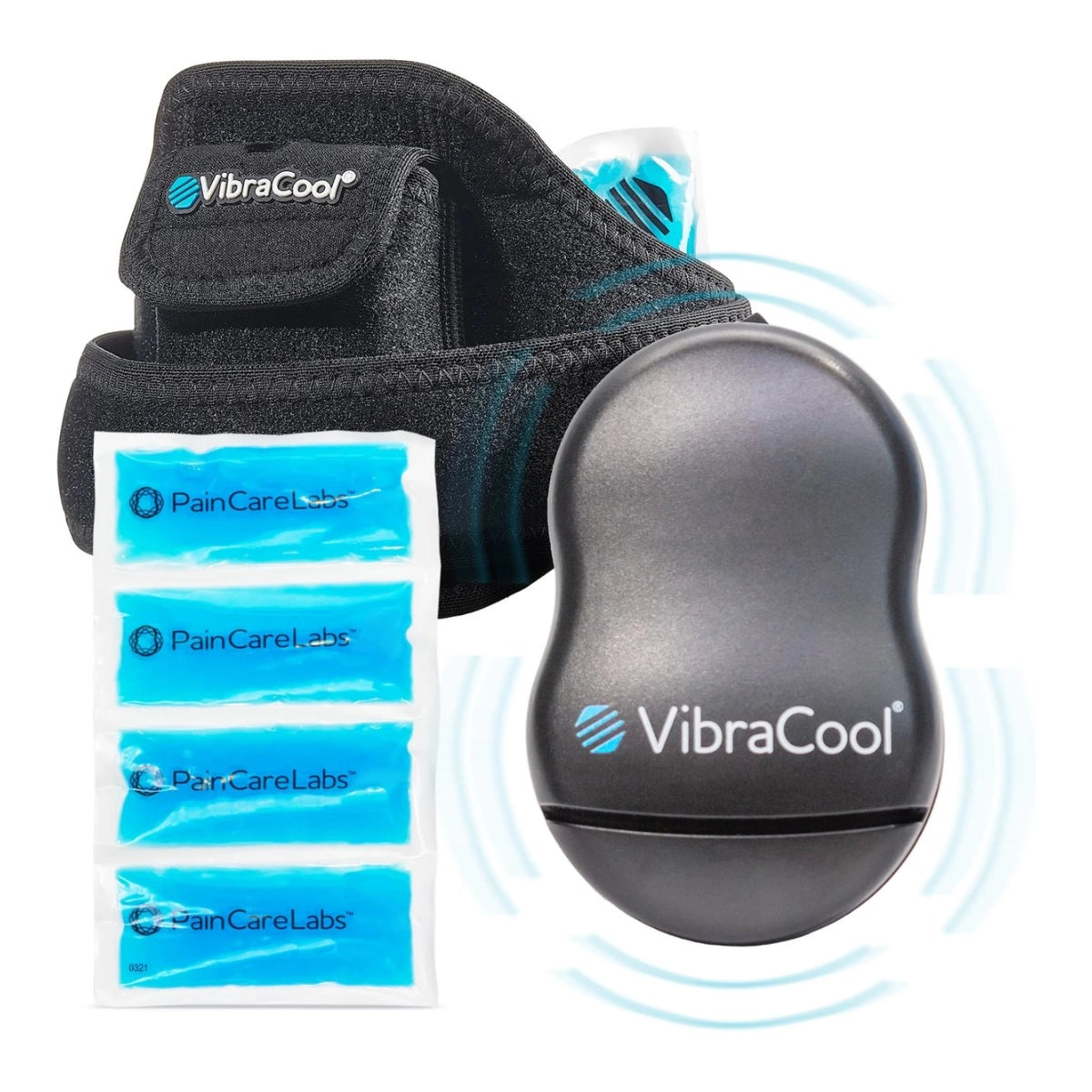 VibraCool Extended wrap with a black cooling pad and four PainCareLabs cooling packs on a white background with light blue wave graphics.