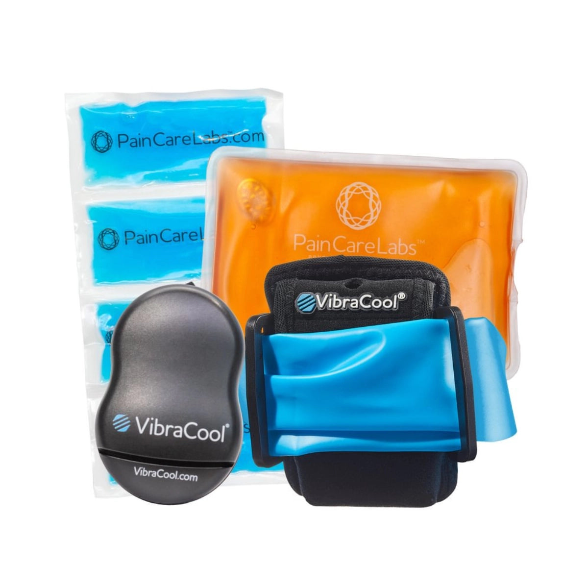 PainCareLabs VibraCool pain relief kit featuring a black handheld device, a blue and black wrist wrap, and two orange gel packs on a white background.